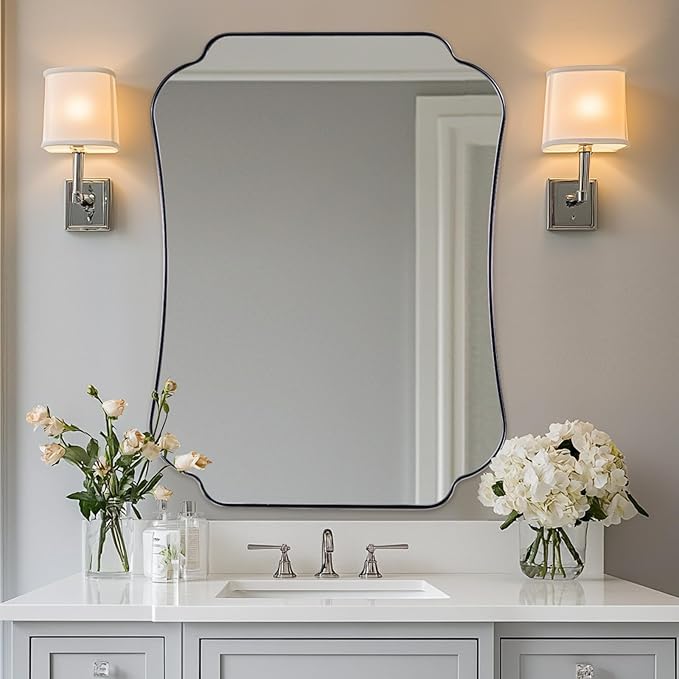 ANDY STAR Chrome Bathroom Mirror 24x36 Inches, Modern Scalloped Wall Mirror with Distinctive Notched Edge Stainless Steel Frame for Hallway, Lounge and Vanity Area