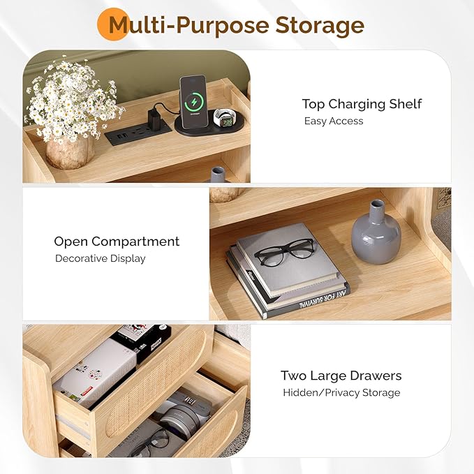 VINGLI Rattan Nightstand with Charging Station, Boho Nightstand with Drawers and Shelves, Wood Night Stand Bedroom, Real Rattan Bed Side Table/End Table，17.72" W*13.86" D*25.6" H