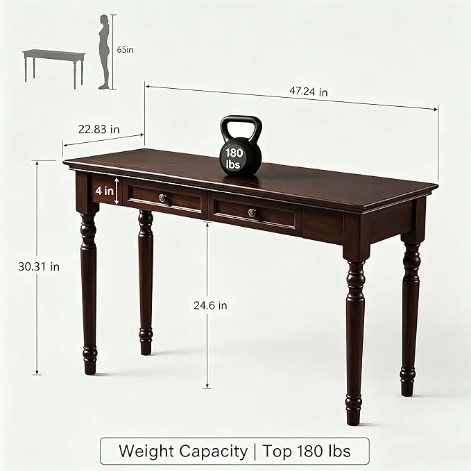 Walnut Writing Desks with Drawers, 47" Solid Wood French Country Style Computer Desk for Home Office, Living Room Study or Workspace