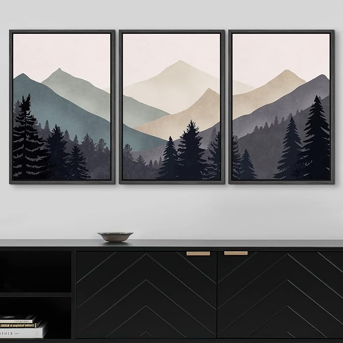 wall26 Framed Canvas Print Wall Art Set Woodland Nursery Decor Blue Gray Duotone Mountain Forest Abstract Nature Nordic Decorative Minimal Boho for Living Room, Bedroom, Office - 16"x24"x3 Black