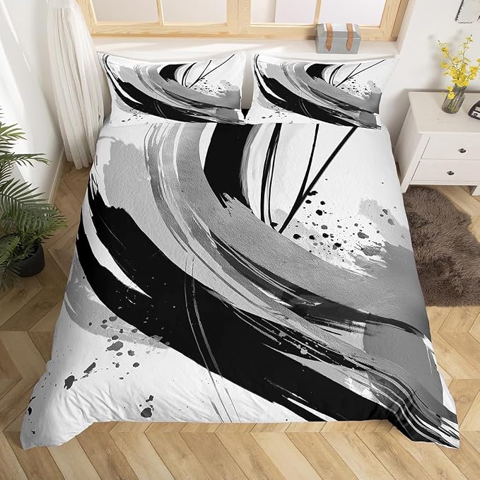 Erosebridal Black and Grey Duvet Cover Queen - Geometric Decorative Abstract Bedding Modern Striped Bed Set for Boys Adults Girls Minimalists Graffiti Aesthetic Lines Bed Cover 3 Pieces