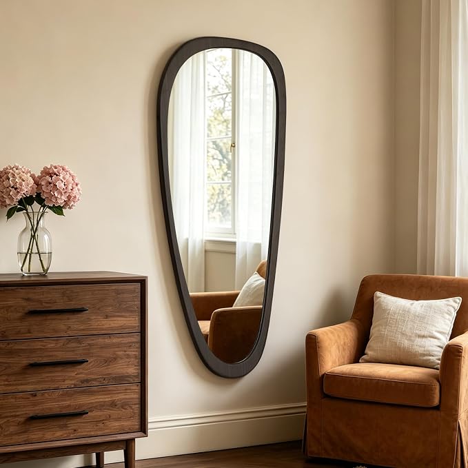 HOMECOOKIN 48" H x 22" W Asymmetrical Mirror, Irregular Wooden Wall Mirror for Bedroom, Living Room,Entryway– Mid-Century Modern Decorative Mirror, Solid Wood Frame, Pebble Shaped Design (Dark Brown)