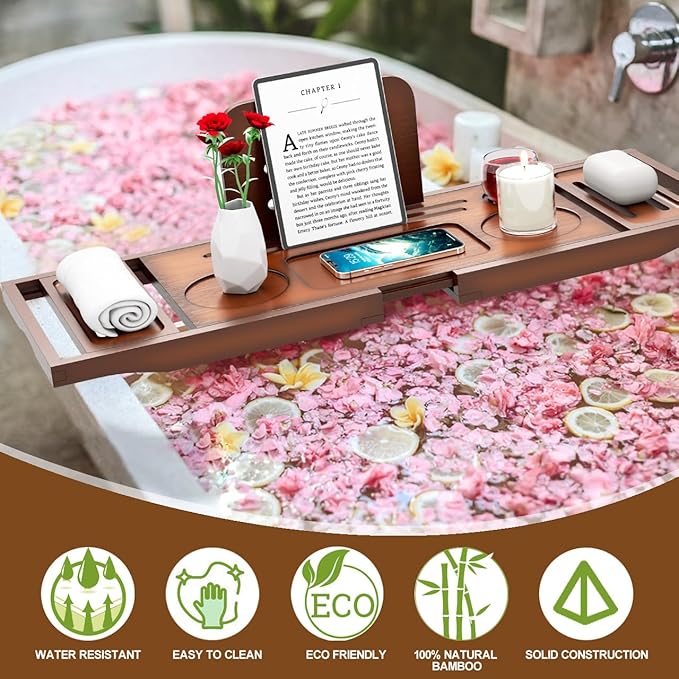 Bathtub Tray Caddy - Bath Tray - Bath Tub Tray Caddy - Bamboo Bath Table Tray for Tub - Expandable Size, Fits Most Tubs