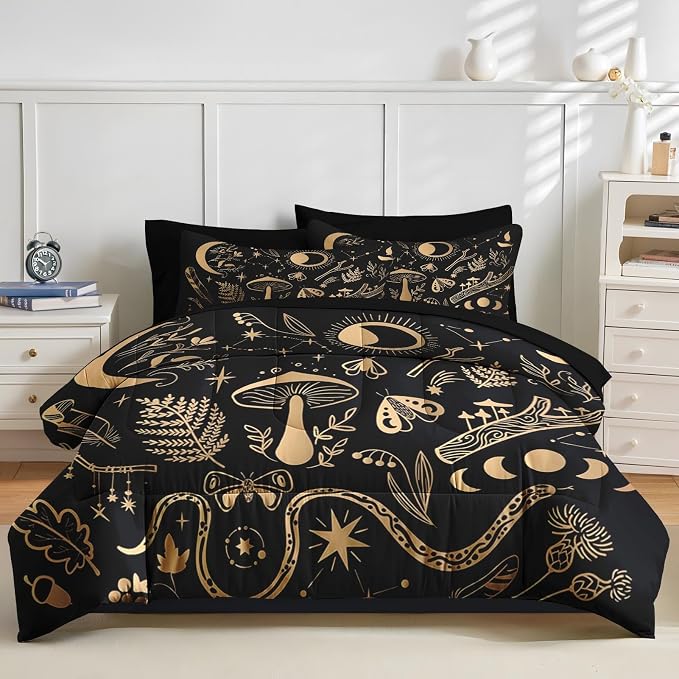 Nesker Comforter Set Full Size, Golden Mushroom Moon 7 Pcs Bedding for Kids and Adults, Moth Vintage Gold Bed Sheet Sets with Fitted Sheet 2 Pillowcases & 2 Shams