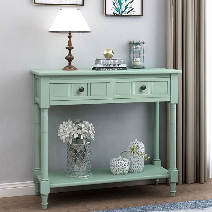 35.43” Console Table with Drawers & Bottom Open Shelf, Rustic Entryway Table with Storage, Retro Blue