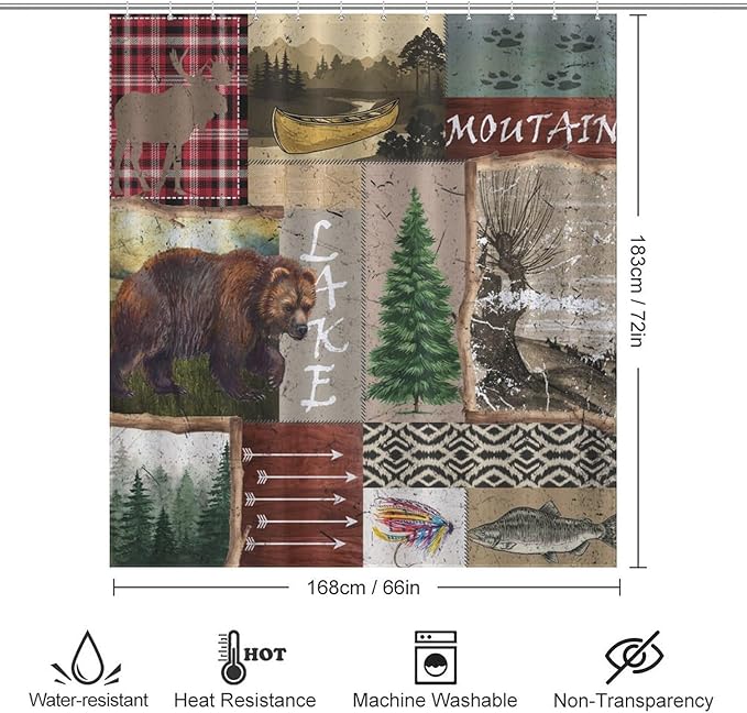 Retro Rustic Bear Shower Curtains, Vintage Deer Farmhouse Forest Cabin Lodge Woodland Adventure Cottage Country Waterproof Shower Curtains for Bathroom Decor 12 Pack Hooks 66x72in（168x183cm）