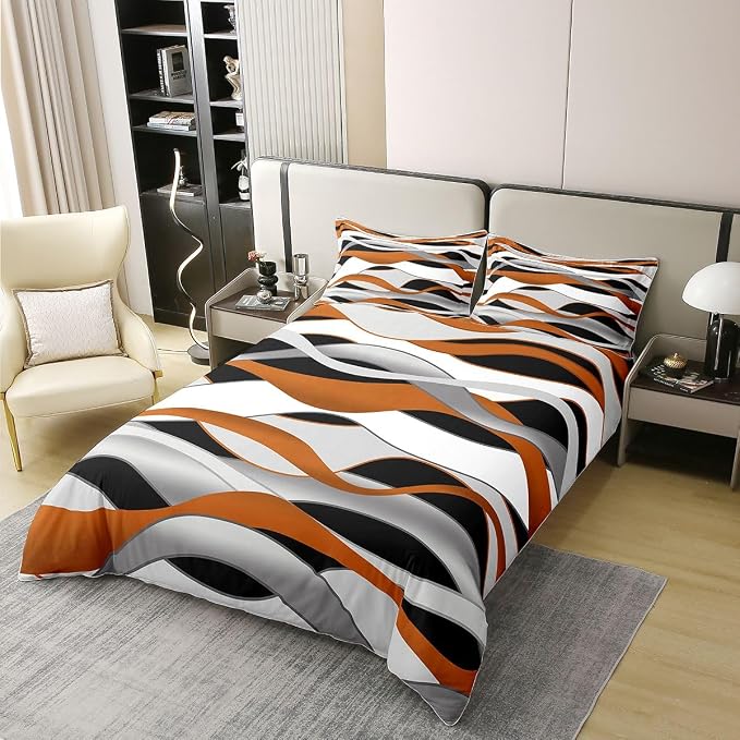 Erosebridal Orange Grey Black Bedding Set Twin Wave Stripe Print 100% Cotton Duvet Cover Geometric Spiral Pattern Comforter Cover for Kids Teens Adults Abstract Art Bed Set 2 Pcs
