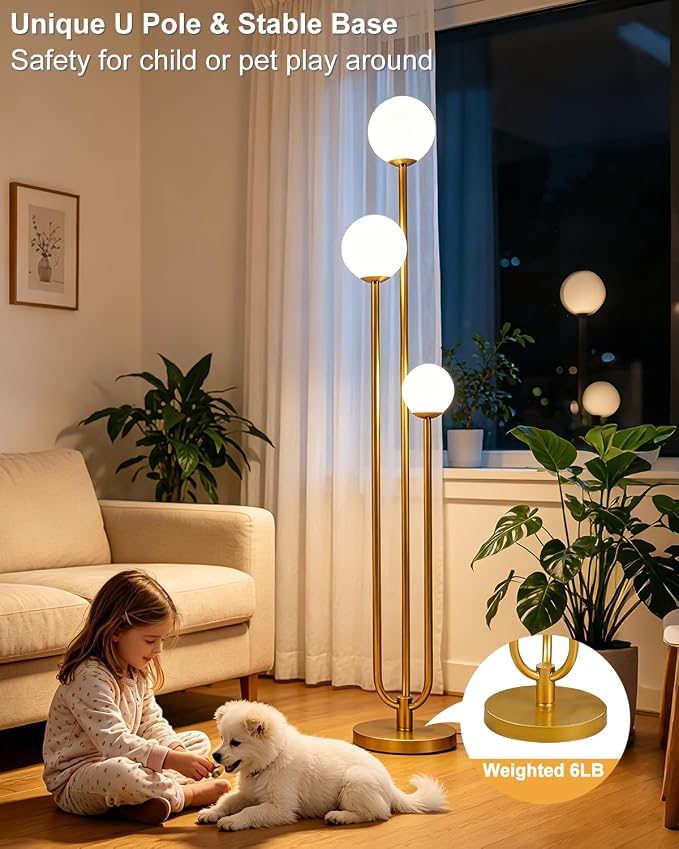 Lightdot 63IN Gold Floor Lamp Dimmable 3-Lights Globe LED Floor Lamps with 3000K Soft Warm White for Wedding/Party Tall Lamp with 5Lbs Heavy Base for Living Room/Bedroom/Sofa Beside/Corner Decor