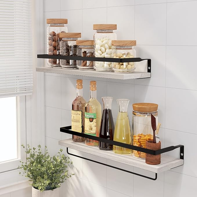 Floating Shelves for Wall, Bathroom Shelves with Towel Bar, Wall Mounted Storage Shelves for Kitchen, Bathroom, Set of 2 White