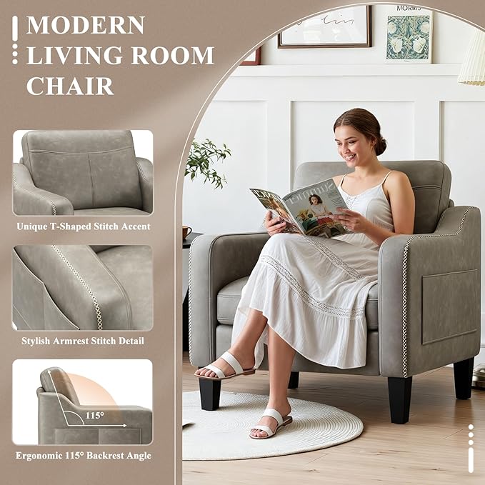 MALOL PU Leather Accent Chair, Mid-Century Modern Living Room Armchair Sofa with Removable Cushions, Solid Wood Frame & Stitched Armrest Design, Bedroom Chair with Plastic Legs, Grey