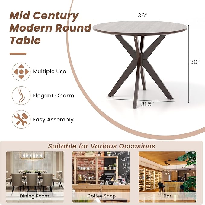 Moccha 36" Round Dining Table for 4 - Rubber Wood Kitchen Table with Intersecting Trestle Legs, Vintage Bar Table, Farmhouse Dining Room Tables for Dinette, Small Space, Restaurant, Bistro (Walnut)