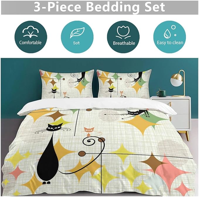 Mid Century Duvet Cover Sets Vintage Black Cat Modern Style Printed Lightweight Soft Quilt Cover Abstract Geometric Minimalist Soft Microfiber 3 Piece (1 Duvet Cover 68x86in + 2 Pillow Sham 20x30in)