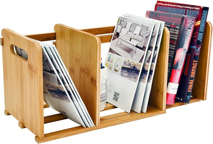 WELLAND Bamboo Desktop Bookshelf Small Book Rack Adjustable Desk Storage Organizer