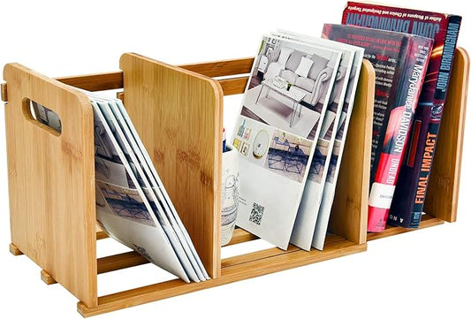 WELLAND Bamboo Desktop Bookshelf Small Book Rack Adjustable Desk Storage Organizer