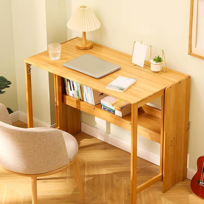 32.68" Space Saver Transformer Desk, Skinny Mid Century Modern Writing Table, Bamboo Foldable Study Table for Small Spaces, Compact Computer Desk for Bedroom Home Office Dorm Apartment (Natural)