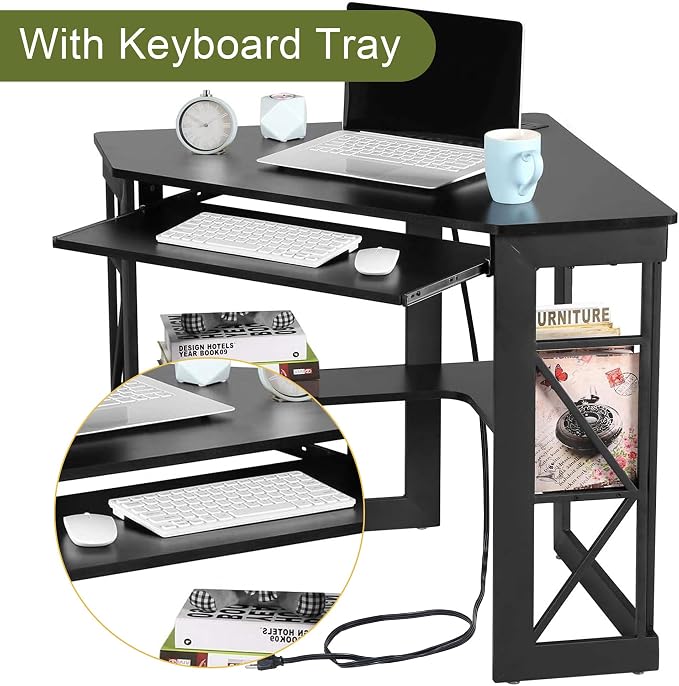 VECELO Corner Desk, Triangle Computer Desk for Small Space with Charging Station and Keyboard Tray, Corner Makeup Table with Storage Shelves for Home Office Bedroom, 41x30, Balck