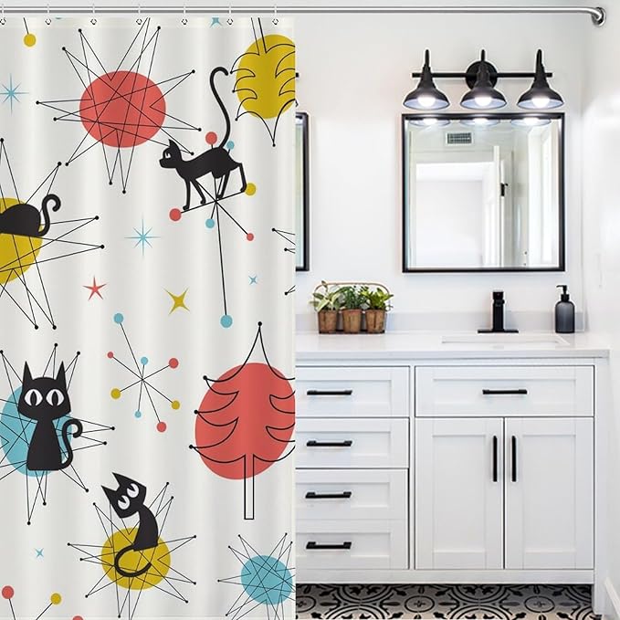 Cats Shower Curtains Black Cat Retro Atomic Christmas Pattern Duty Fabric Shower Curtain Set Bathroom Polyester Waterproof with 12 Hooks, 66x72Inch（168x183cm）