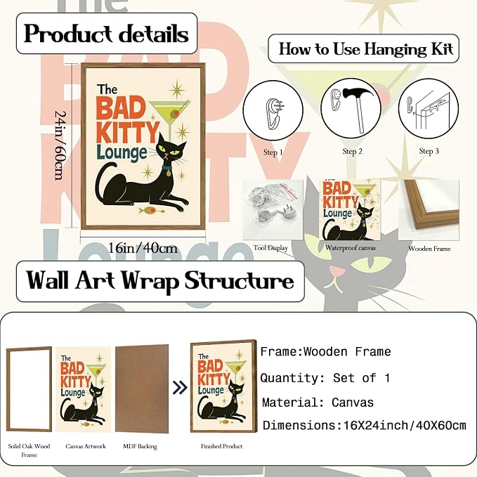 Mid Century Modern Cat Wall Art Bad Kitty Lounge Wall Decor Painting, Vintage Martini Cat Poster Canvas Print Picture for Bar Living Room Bedroom 16x24 inch Wood Framed