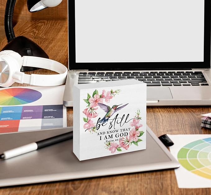 Be Still and Know That I Am God Sign - Inspirational Christian Hummingbird Office Bathroom Home Kitchen Desk Shelf Decor,Christian Scripture Hummingbird Wooden Box Signs,God Decor for Home
