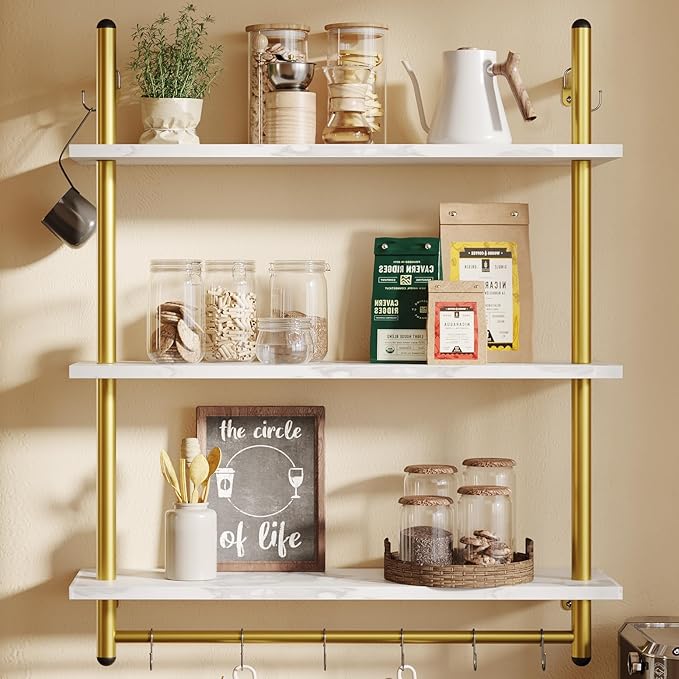 Bestier 31" Industrial Pipe Shelving, Floating Kitchen Wall Shelves 3 Tier Coffee Bar Shelves for Wall with 8 Hooks, Hanging Display Shelf Bookshelf for Living Room Bathroom, White Marble