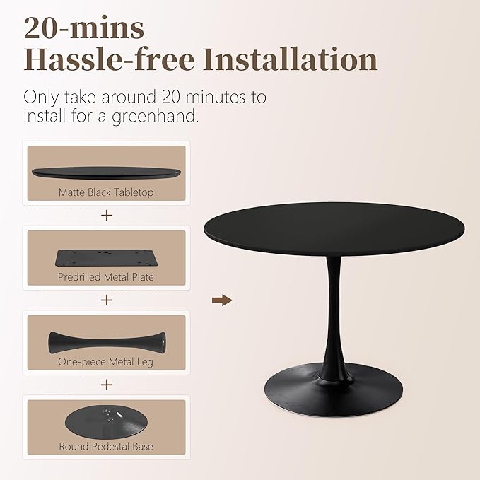 42 Inch Round Dining Table,Mid-Century Tulip Table with Metal Pedestal Base,Modern Leisure Table for Small Space Kitchen Dining Room,Easy Assembly,Black