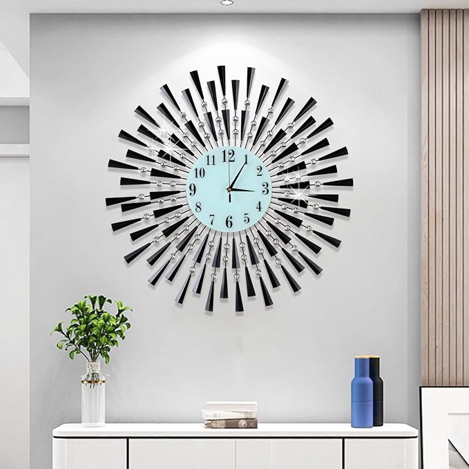 Large Wall Clock Decorative Wall Clocks 3D Non-Ticking Silent Quartz Clocks with Arabic Numerals for Living Room Home Kitchen Decor (Black, Large)