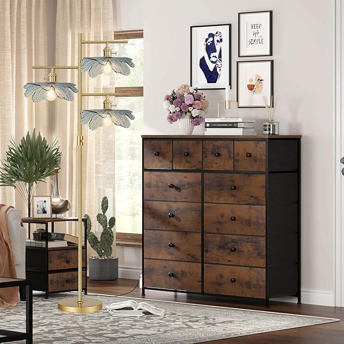Dimmable Floor Lamp Farmhouse Floor Lamps for Living Room, Antique Brass Tree Lamp Standing Lamp Tall Lamps with Dark Green Glass Shade, Gold Flower Floor Light for Bedroom Corner Study Office