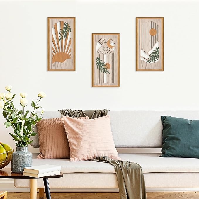 Celestdeco Boho Abstract Wood Wall Art Modern Geometric Artwork Bohemian Sun and Moon Wood Wall Decor Minimalist Line Hanging Decor for Living Room Bedroom Apartment 7.9 x15.8 Inch