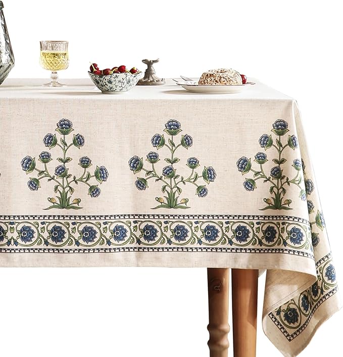 patdrea Designer Linen Vintage Blue Rectangle Tablecloth,Leaves Pattern Durable Floral Table Cloth,French Table Cover Cloth Decor for Kitchen Dining,Christmas,Thanksgiving,Party,63"x87"-Ivar B