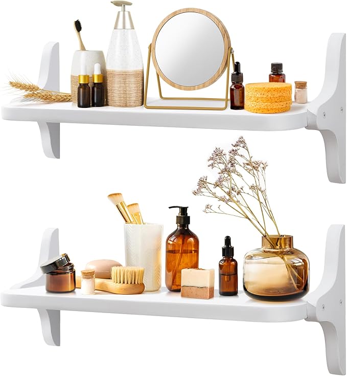 Wooden Floating Shelves for Wall, 23.6" W x 6" D x 0.8" H Large Wall Shelves, Hanging Storage Shelf with Sturdy Brackets for Living Room, Kitchen, Bathroom, Bedroom Decor, White, 2 Packs