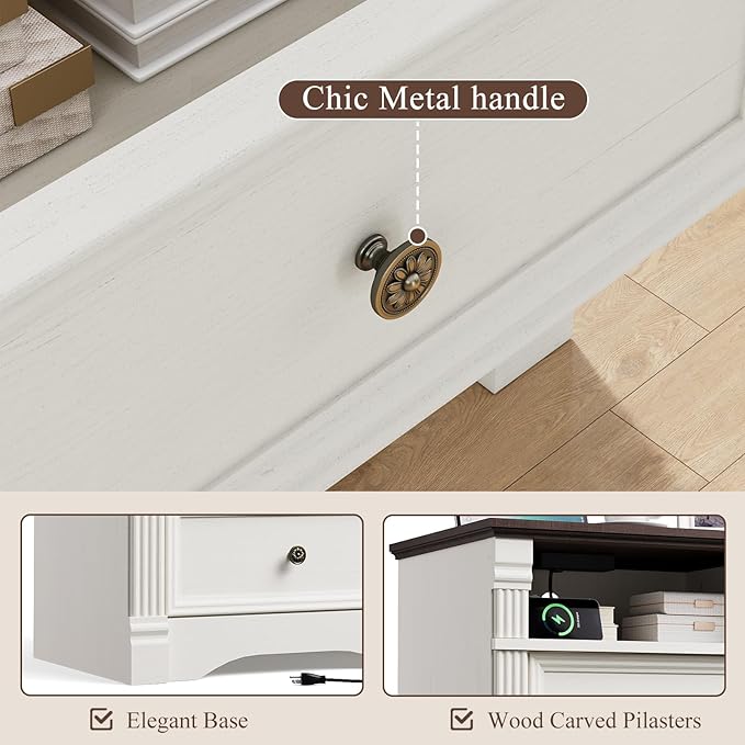 White Nightstand with Charging Station, Farmhouse Bedside Table & End Table with 2 Drawers and Chic Wood Pilasters Design, Side Table Storage Cabinet with Metal Handles for Bedroom, Living Room