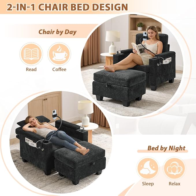 Oversized Chaise Lounge Chair Indoor, Single Convertible Recliner Reading Arm Sofa Chair W/Adjustable Backrest & Charging Port Couch Bed for Living Room, Home Theater & Bedroom, Black