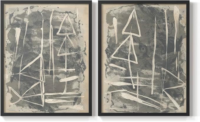 Renditions Gallery Set of 2 Peel & Stick Framed Prints, Trendy Abstract Wall Art, Textured Linework Striking Wall Decor, Re-Stickable - Ready to Hang - 22"x28" - Black Frame LT588