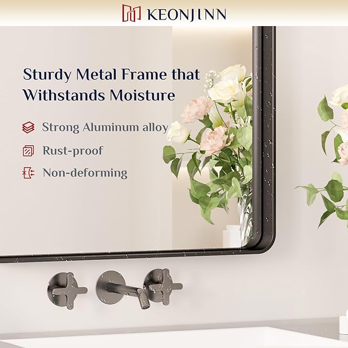 Keonjinn Black Bathroom Mirror, 22 x 30 Inch Rounded Rectangle Matte Black Bathroom Mirrors for Over Sink, Farmhouse Mirror with Seamless Frame, HD Tempered Glass Vanity Mirror(Horizontal/Vertical)