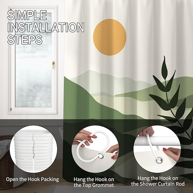 Boho Mid Century Shower Curtain Modern Abstract Sun Tropical Leaves Bathroom Curtain Set Neutral Minimalist Plant Waterproof Fabric Bath Decor with Hooks 48x72 inch