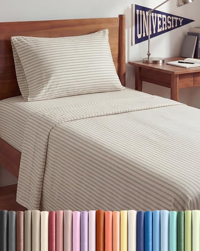 Twin XL Size 3 Piece Sheet Set - Comfy Breathable & Cooling Sheets - Hotel Luxury Bed Sheets for Women & Men - Deep Pockets, Easy-Fit, Soft & Wrinkle Free Sheets - Beige Stripes Oeko-Tex Bed Sheet Set