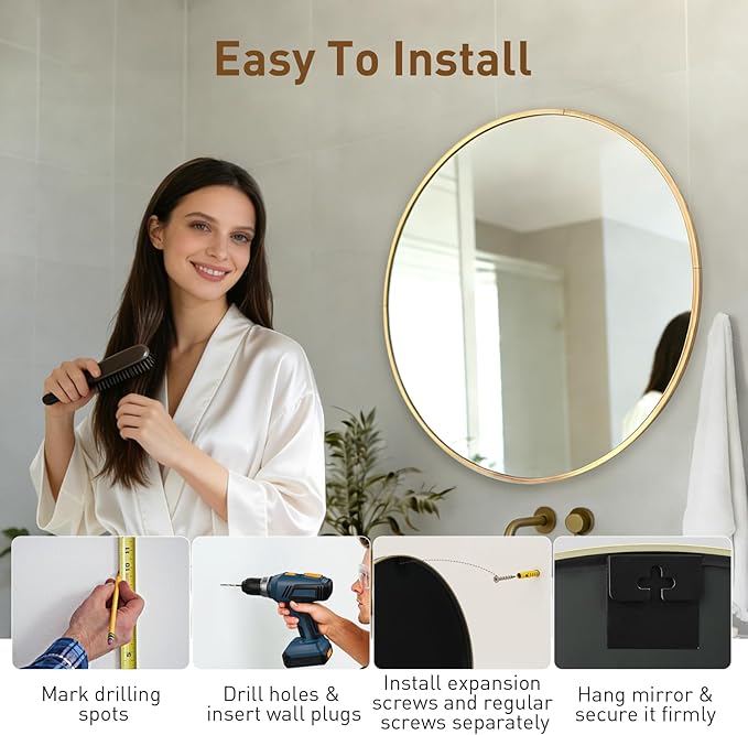 NEWBULIG Wall Mirror, Bathroom Mirror for Over Sink, Matte Metal Framed Vanity Mirror, Wall Decor for Bedroom, Tempered Glass