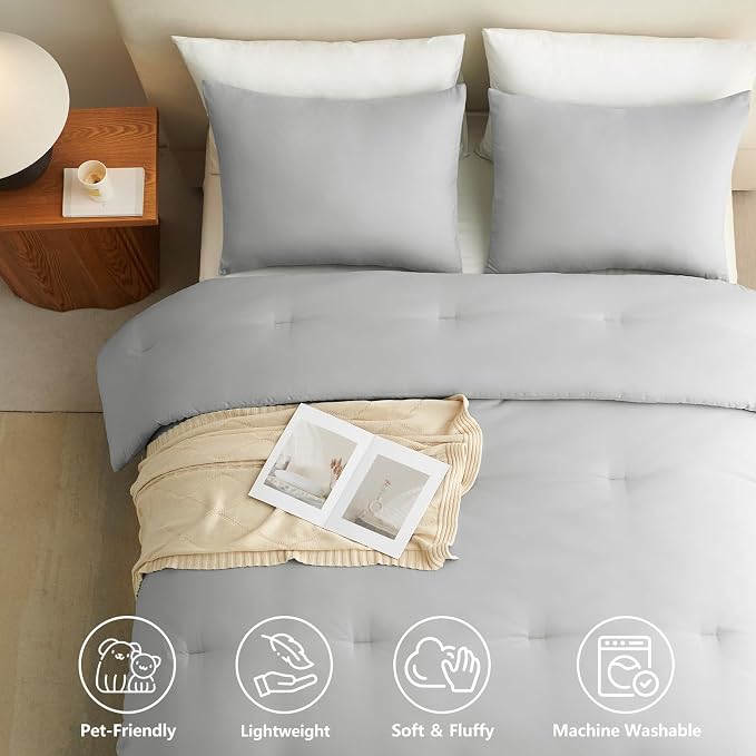 CozyLux Full Size Comforter Set Light Grey, 3 Pieces Lightweight Down Alternative Quilted Bedding Sets, Light Gray All Season Soft Breathable Solid Comforter with 2 Pillowcases, Bed Set Gift for Home