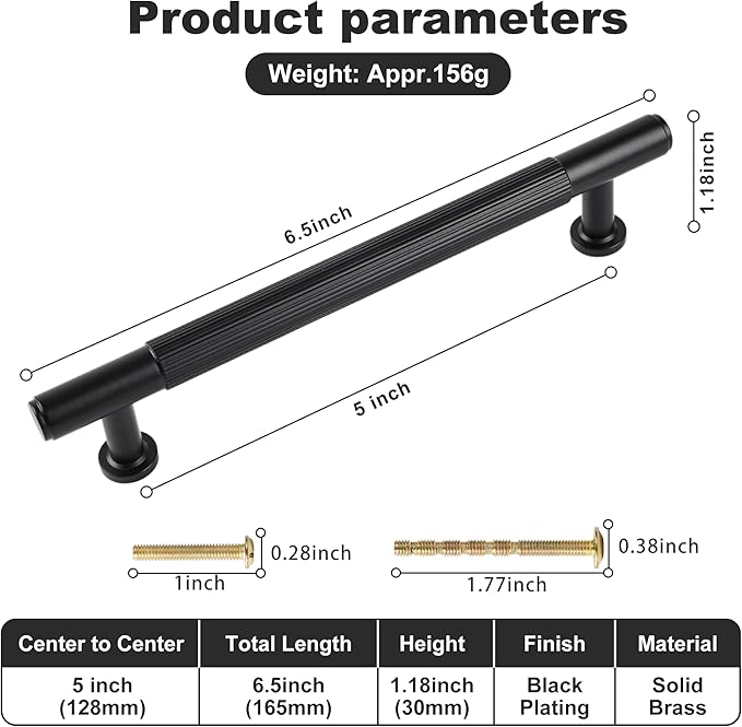 -5 Inch Matt Black Kitchen Cabinet Handles, 5 Pack Solid Brass Drawer Dresser Pulls, Modern Cabinet Hardwares for Bathroom Bedroom Cupboard Wardrobe Closet
