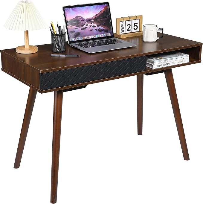 GAOMON Modern Simple Home Office Desk, Mid Century Modern Computer Writing Desk with Drawer Solid Wood Legs and Open Storage Cubby, Small Vanity Table Desk for Bedroom (Walnut)
