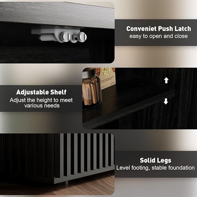 Rophefx Fluted Sideboard Cabinet, 94.5" Buffet Cabinet with Storage, Credenza Storage Cabinets with Adjustable Shelf, Wood Entryway Cabinets with Pop-up Door for Living Room, Entryway, Black Grey