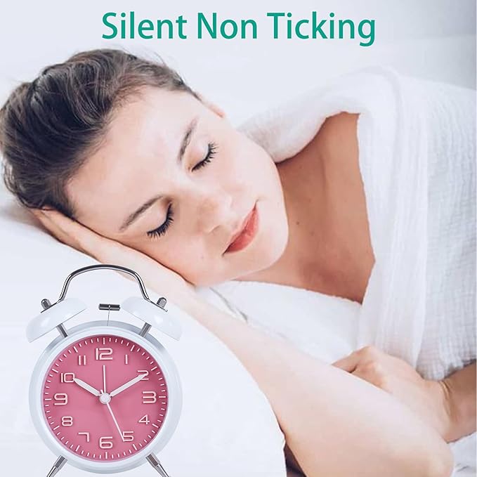pxy Loud Alarm Clock for Heavy Sleepers 3D Dial Battery Operated (Battery Include), 4" Super Silent Analog Alarm Clock for Kids with Night Light PT260 Silver OrangePT505 White Pink