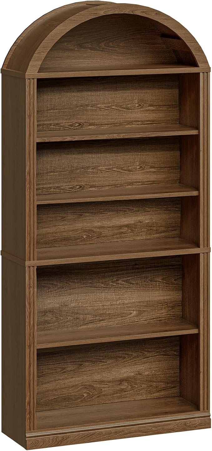 RALGEND Arched Bookshelf, 75.8" Tall Arch Bookcase with Storage, 6-Tier Farmhouse Book Shelf, Arched Cabinet, Wooden Bookshelf with Open Display Shelves, Adjustable Shelf, Office, Walnut