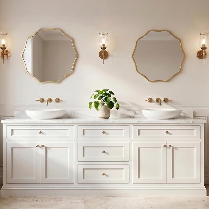PERFNIQUE Gold Scalloped Mirror, 24'' Round Wall Mirrors Wavy Wood Framed for Bathroom Nursery Bedroom Living Room Entryway, Decorative Modern Wall Decor