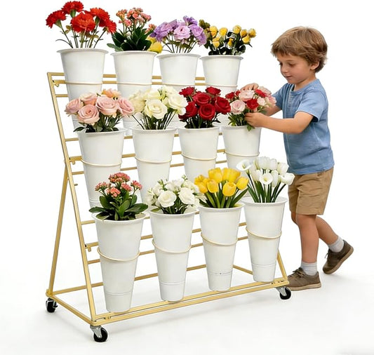3-Tier Flower Display Stand with 12 Buckets, Heavy Duty Metal Flower Plant Cart with Wheels, Indoor Large Capacity Flower Bar Florist bucket Rack, Moving Florist Bouquet Shelf for Wedding Garden (D, 39.6*23.7*40.6in)