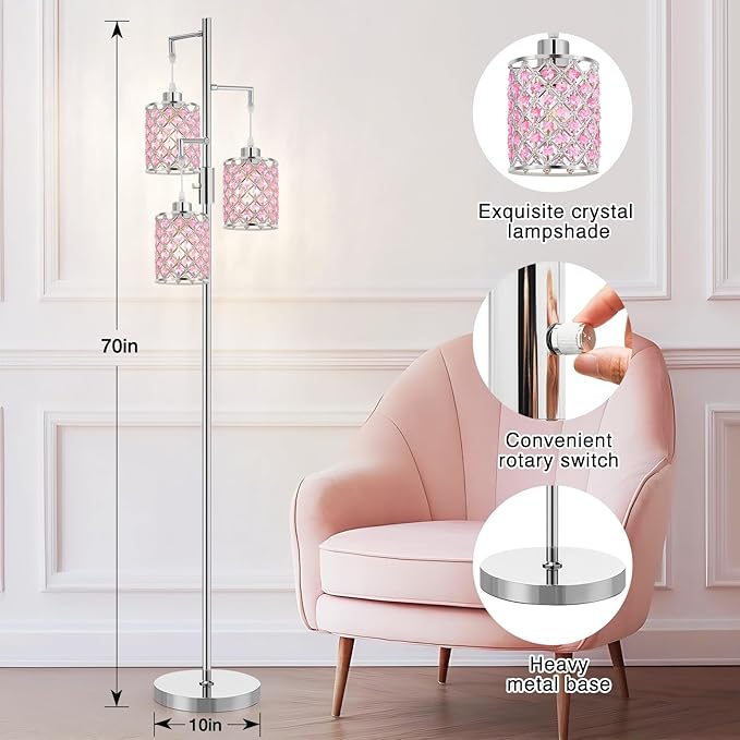 GyroVu Pink Crystal Floor Lamp, 3-Light Standing Tall Lamp with Sparkling K9 Crystal Shade, Rotary Switch, Easy Assemble Lamps for Living Room, Bedroom, Home Office, Girls Room