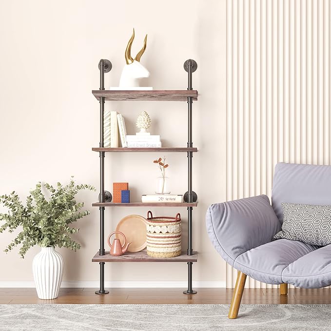 Yuanshikj 4 Tier Industrial Pipe Solid Wood Ladder Shelf/Shevles/Shelving Bookshelf/Bookcase Metal Iron Planks Rustic Wall Mounted for Living Room Decor Storage (4 Tier with 24" Solid Wood)