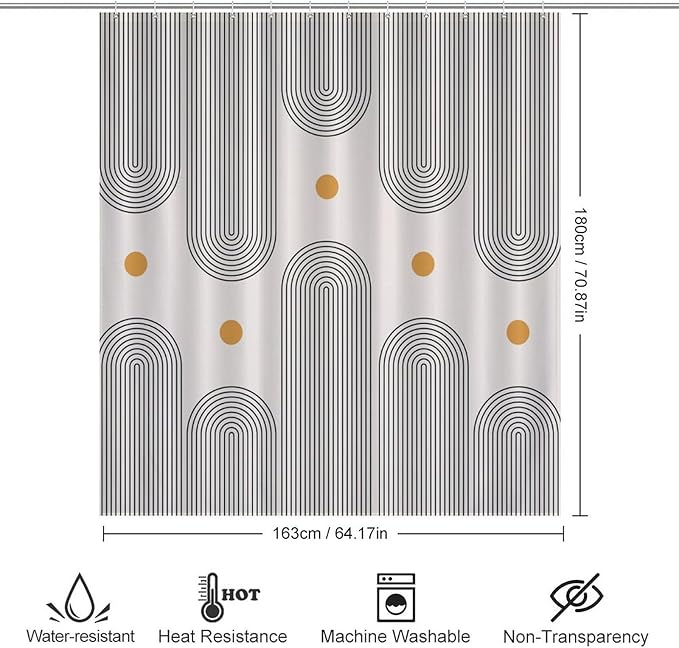 Boho Mid Century Shower Curtain, Minimalist Abstract Arch Sun Modern Bathroom Curtain Polyester Waterproof Fabric Decor 66x72in（168x183cm）