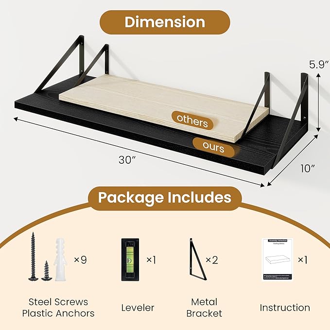 Deep Floating Shelves for Wall,30" Wx10 D Wood Floating Shelf Set of 2,Sturdy Metal Bracket Wide Display & Storage,Wall Mounted Hanging Floating Shelves for Living Room,Bedroom,Kitchen,Black