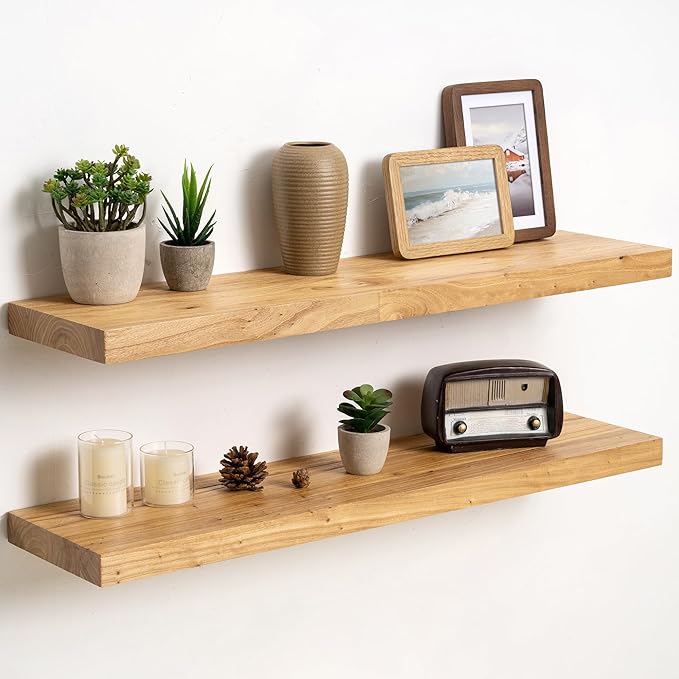 Fun Memories Solid Elm Wood Floating Shelves Set of 2-32 Inch Rustic Wall Shelves with Heavy-Duty Invisible Brackets - for Living Room, Kitchen, Bedroom, Bathroom - Natural Finish